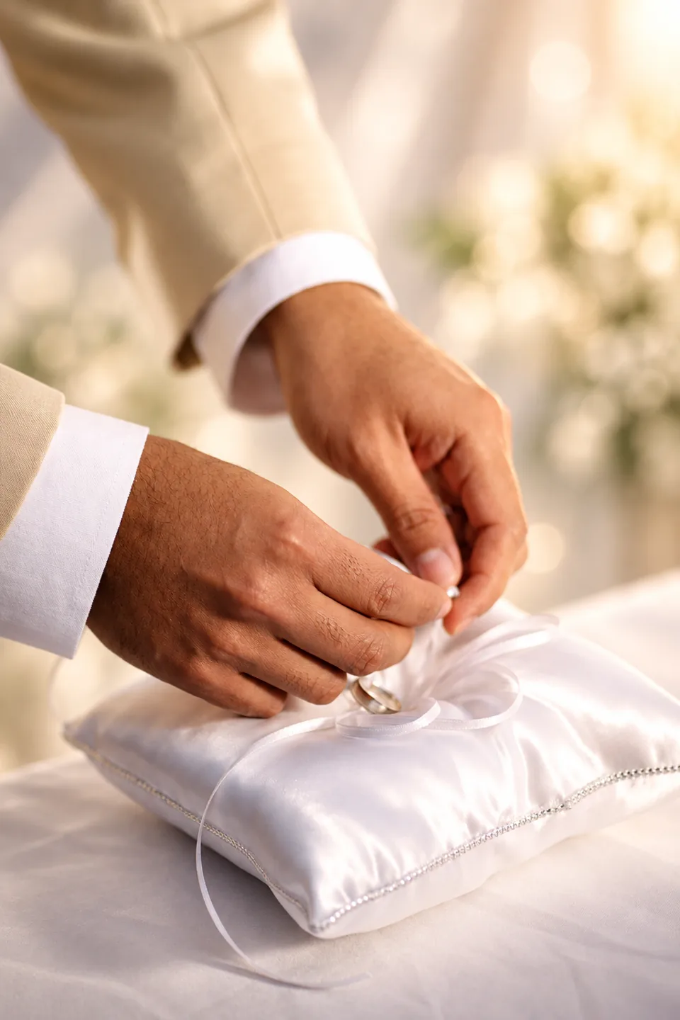 Manos preparando los anillos sobre un cojín blanco